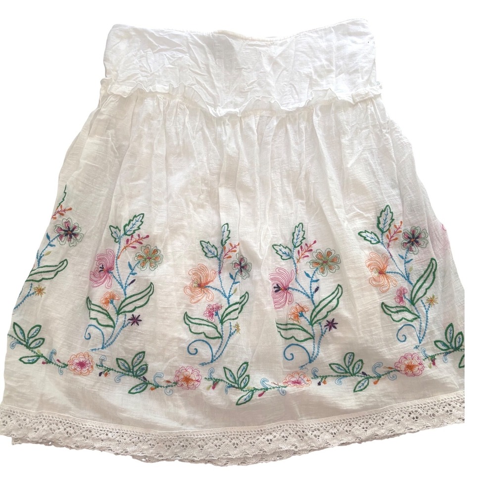 Fang White Cotton Gauze Floral Embroidered Lace Trim Mini Skirt Womens Medium